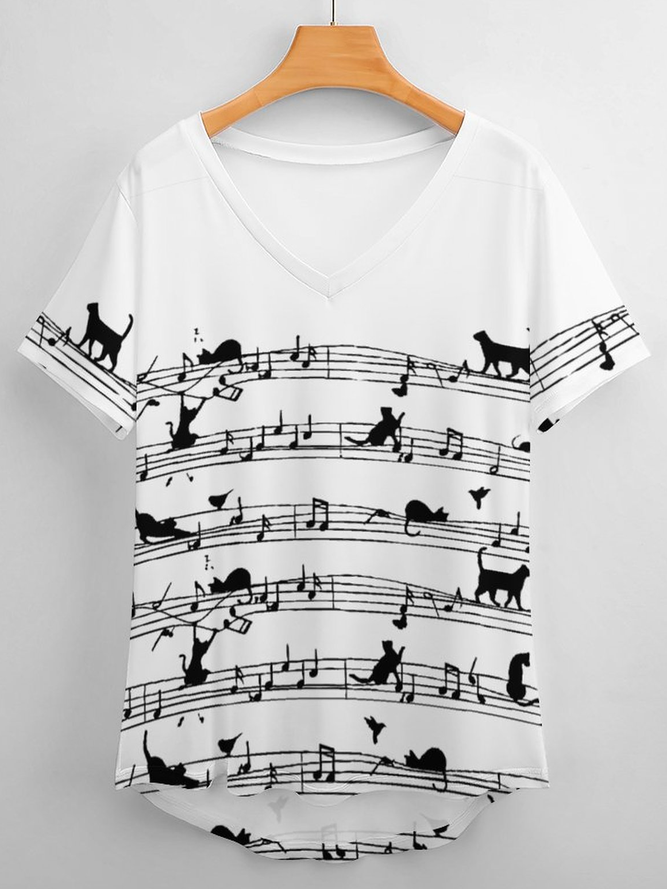 Women's Simple Crew Neck Loose Cat T-Shirt