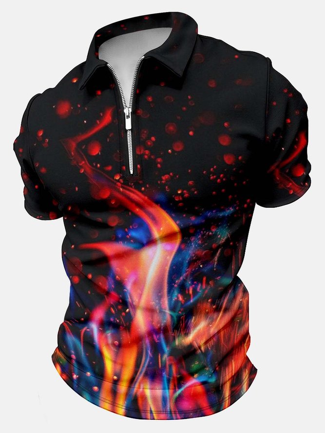 Men’s Fire Pattern Polo Collar Casual Regular Fit Abstract Polo Shirt