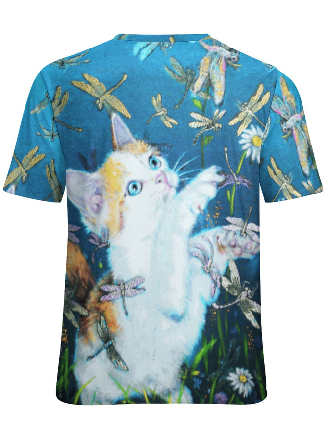 Women’s Cat Playing With Dragonflies Animal Loose Casual Cotton-Blend T-Shirt