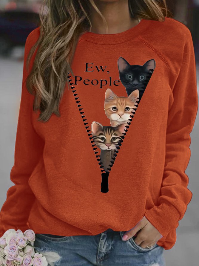 Women's Ew People Funny Cat Graphic Printing Casual Crew Neck Loose Cat Sweatshirt