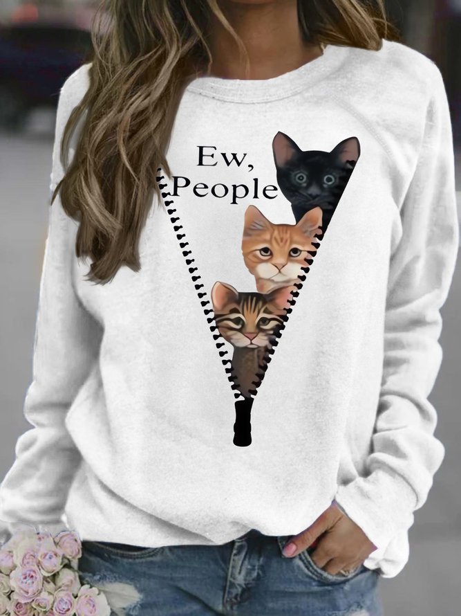 Women's Ew People Funny Cat Graphic Printing Casual Crew Neck Loose Cat Sweatshirt