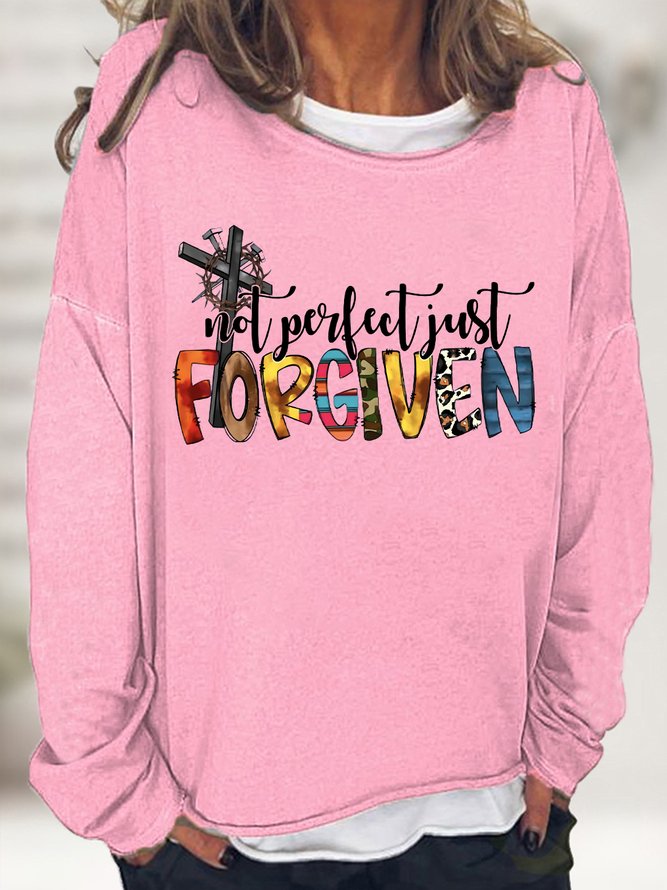 Women's Not Perfect Just Forgiven Funny Graphic Printing Crew Neck Casual Text Letters Cotton-Blend Sweatshirt