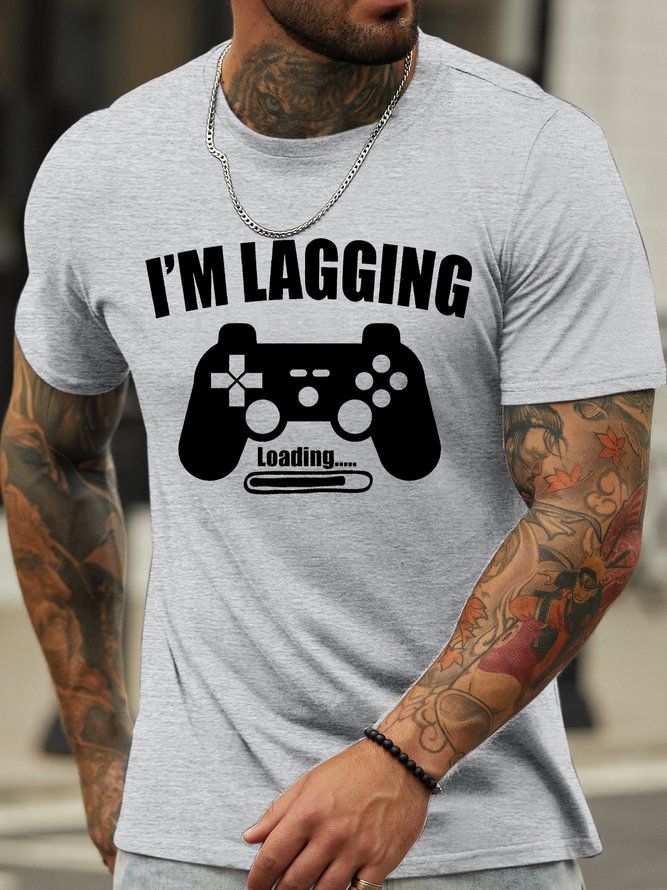 Men's I Am Lagging Loading Funny Game Graphic Printing Casual Loose Cotton Text Letters T-Shirt