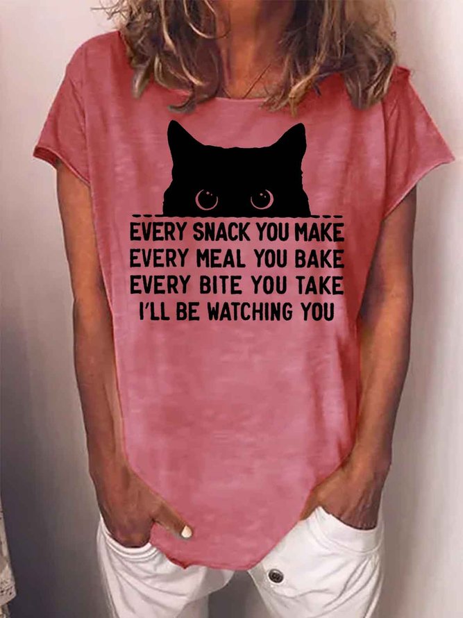 Women's Every Snack You Make Every Meal You Bake Every Bite You Take I'Ll Be Watching You Funny Black Cat Graphic Printing Casual Crew Neck Text Letters T-Shirt