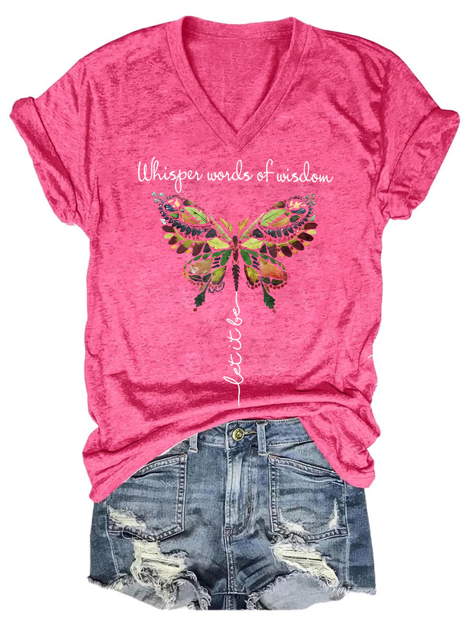 Women's Whisper Wisdom Let It Be Butterfly V Neck Text Letters Casual T-Shirt
