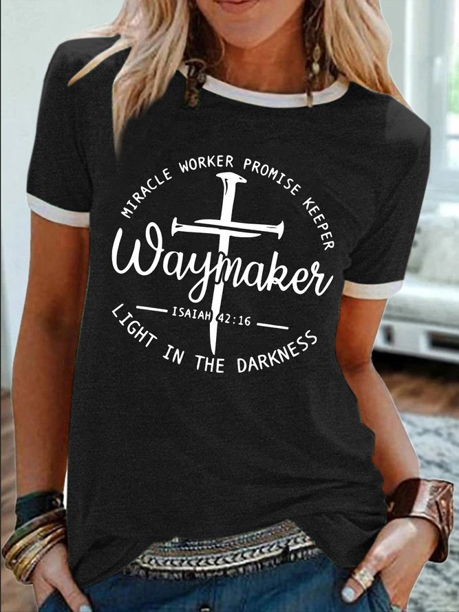 Women's Waymaker Miracle Worker Promise Keeper Light In The Darkness Funny Graphic Printing Regular Fit Crew Neck Casual Cotton-Blend T-Shirt