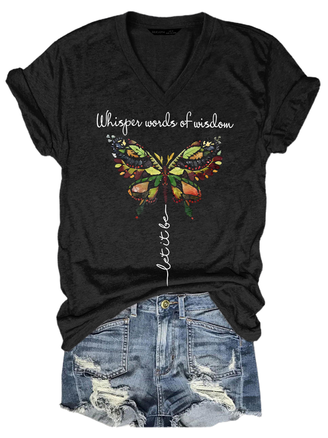 Women's Whisper Wisdom Let It Be Butterfly V Neck Text Letters Casual T-Shirt
