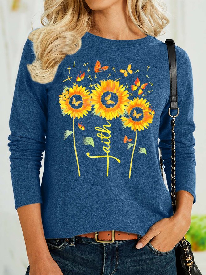 Women’s Faith Sunflowers Butterflies Casual Text Letters Crew Neck Shirt