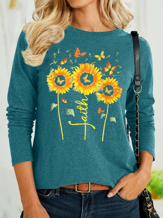 Women’s Faith Sunflowers Butterflies Casual Text Letters Crew Neck Shirt