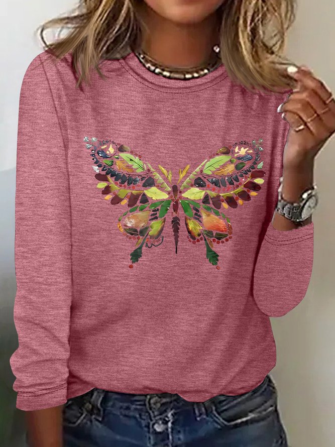 Women's Butterfly Printed Simple Long Sleeve T-Shirt