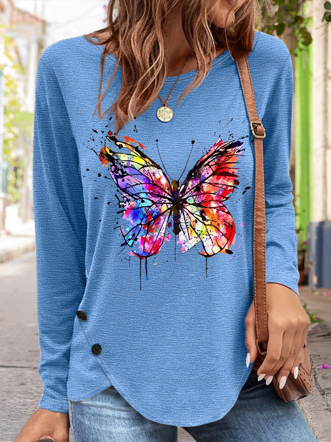 Women's Crew Neck Cotton-Blend Butterfly Simple Shirt