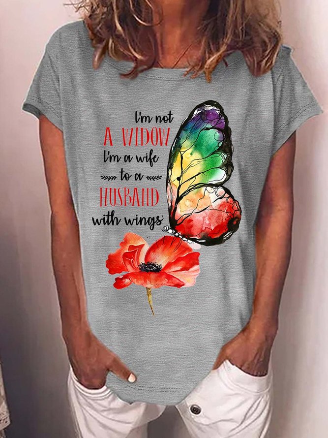 Women’s I’m Not A Widow I’m A Wife To A Husband With Wings Cotton Casual Crew Neck Text Letters T-Shirt
