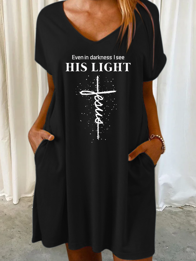 Women’s Cross Jesus Even In Darkness I See His Light V Neck Text Letters Casual Dress