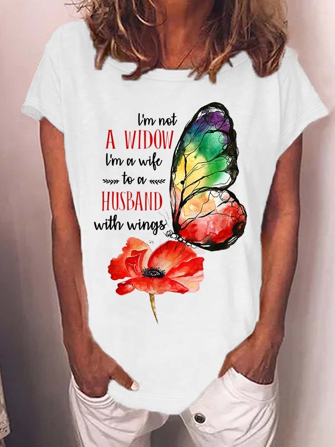 Women’s I’m Not A Widow I’m A Wife To A Husband With Wings Cotton Casual Crew Neck Text Letters T-Shirt
