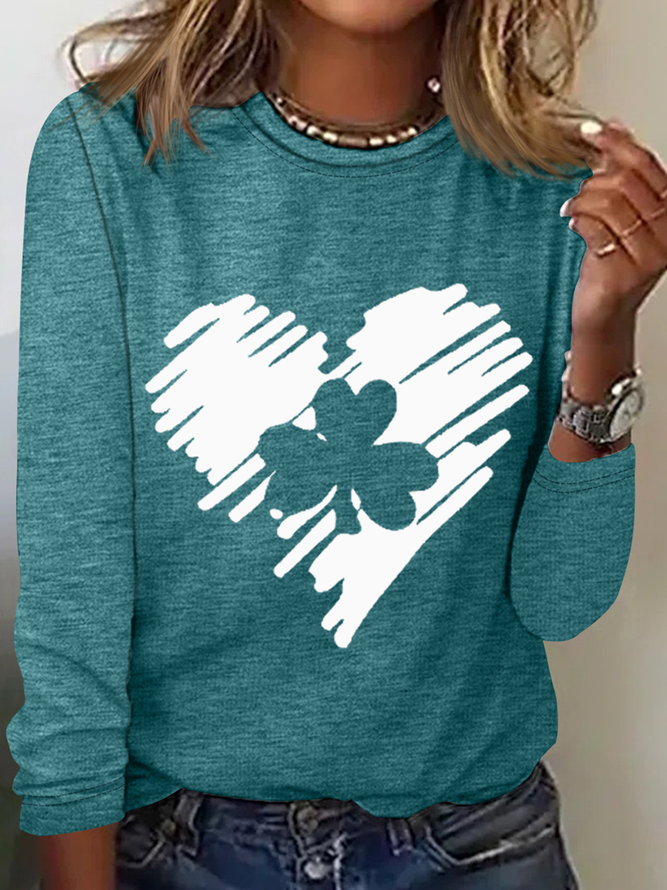 Women's St Patrick's Day Cotton-Blend Simple Four-Leaf Clover Shirt