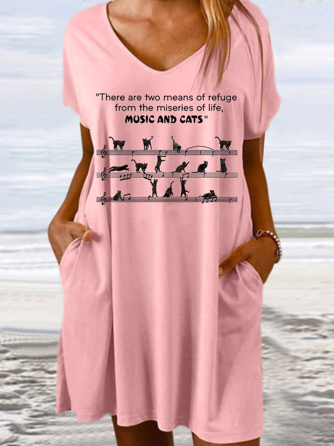 Women's Music And Cats There Are Two Means Of Refuge From The Miseries Of Life Loose Casual Cat V Neck Dress