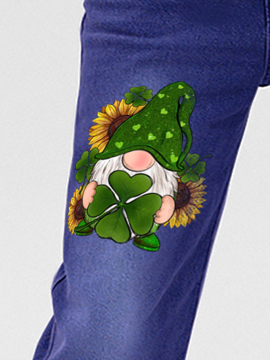 Women's St. Patricks Day Shamrock Gnome With Sunflowers Denim Casual Loose Jeans