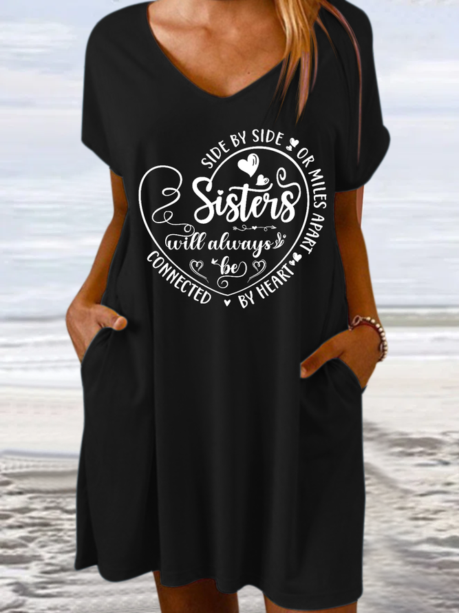 Women's Side By Side Or Miles Apart Sisters Will Always Be Connected By Heart V Neck Casual Loose Dress