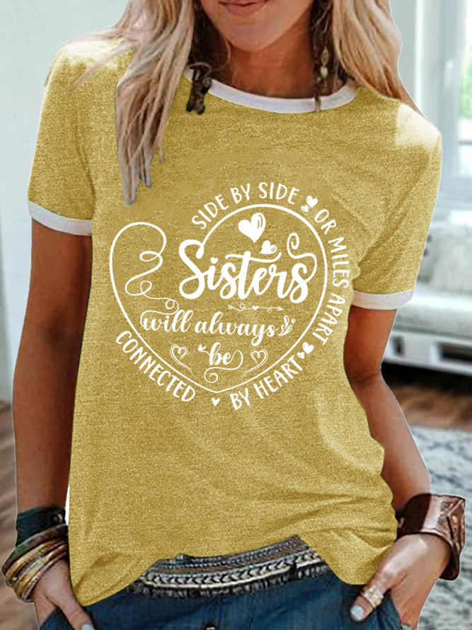 Women's Side By Side Or Miles Apart Sisters Will Always Be Connected By Heart Cotton-Blend T-Shirt