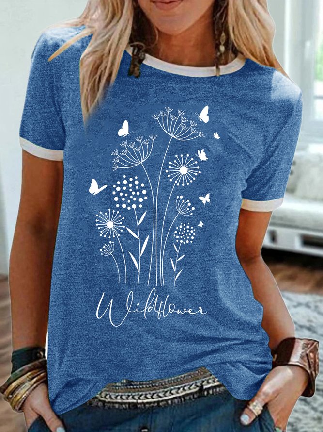 Women's Wildflower Funny Butterfly Graphic Printing Dandelion Cotton-Blend Casual Regular Fit T-Shirt
