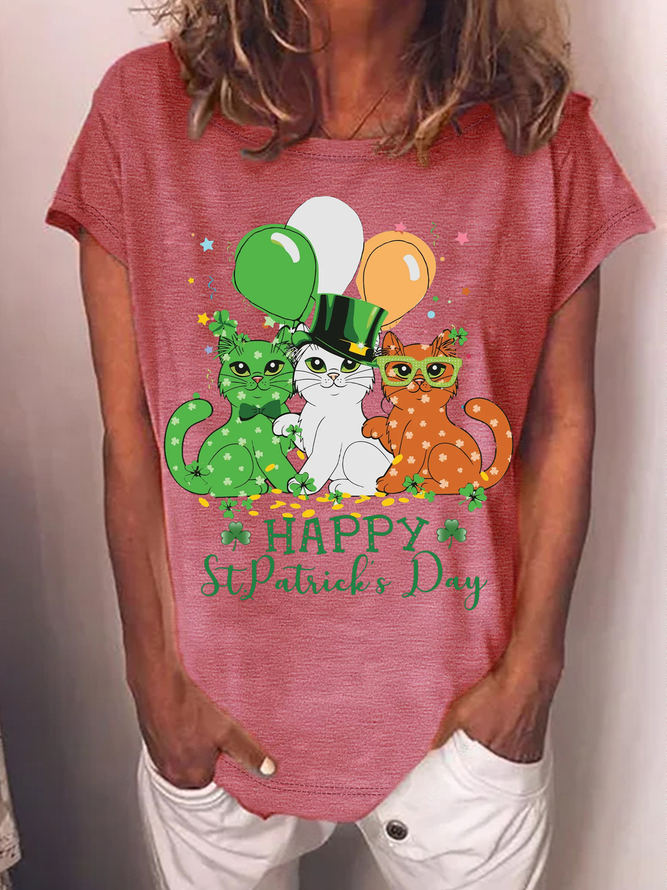 Women's Happy St. Patrick's Day Cats Crew Neck Casual T-Shirt