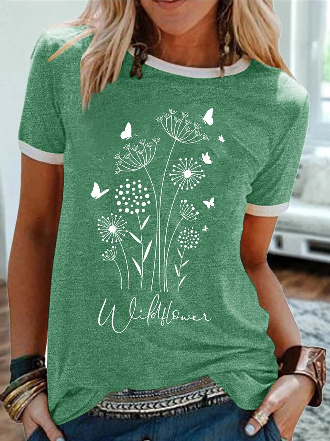 Women's Wildflower Funny Butterfly Graphic Printing Dandelion Cotton-Blend Casual Regular Fit T-Shirt