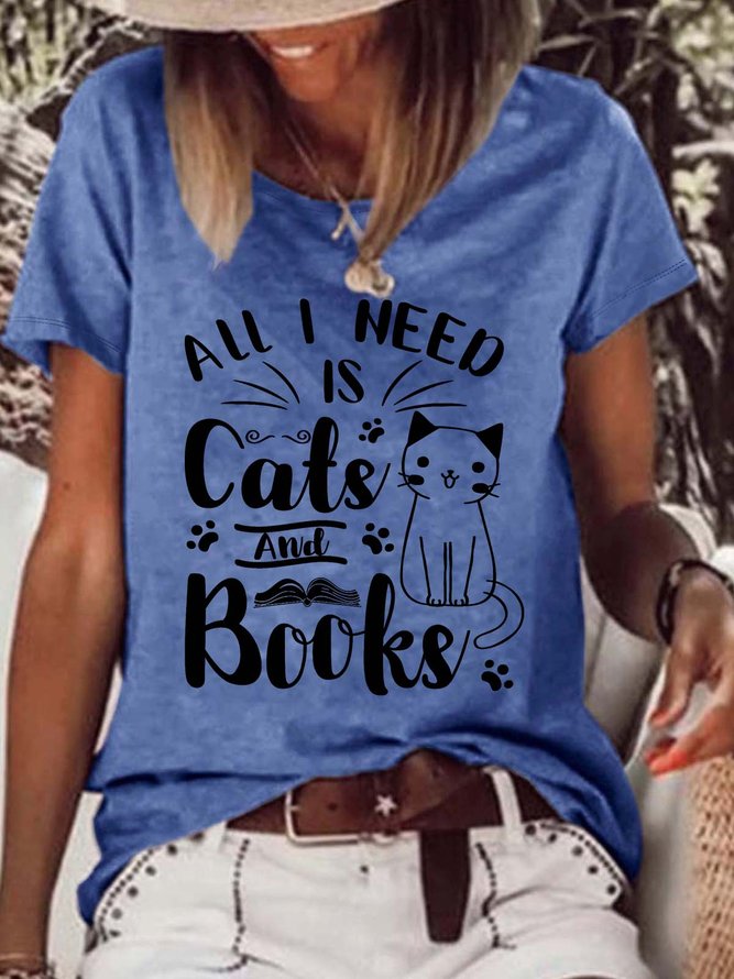 Women’s All I Need Is Cats And Books Loose Crew Neck Casual T-Shirt