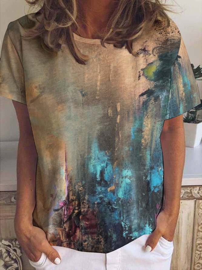 Women’s Abstract Art Texture Painting Casual Cotton-Blend Loose Crew Neck T-Shirt
