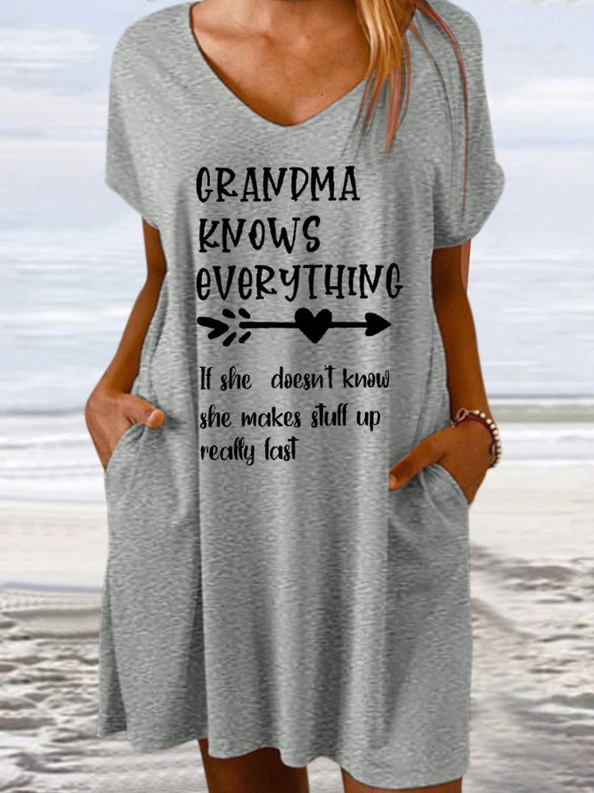 Women's Funny Grammy Grandma Knows Everything V Neck Text Letters Casual Dress