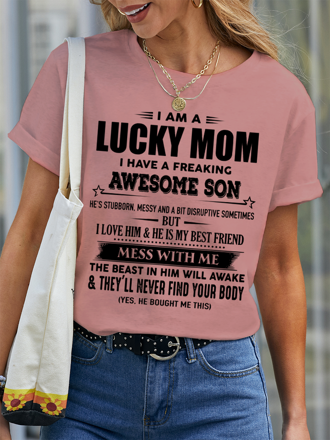 Women's Funny Word I Am A Lucky Mom Awesome Son Cotton Simple T-Shirt