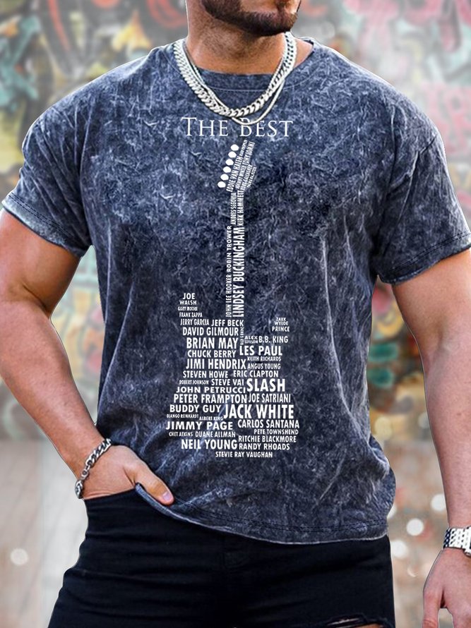 Men's The Best Guitar Funny Love Music Funny Graphic Tie-Dye Printing Text Letters Casual Crew Neck Loose T-Shirt