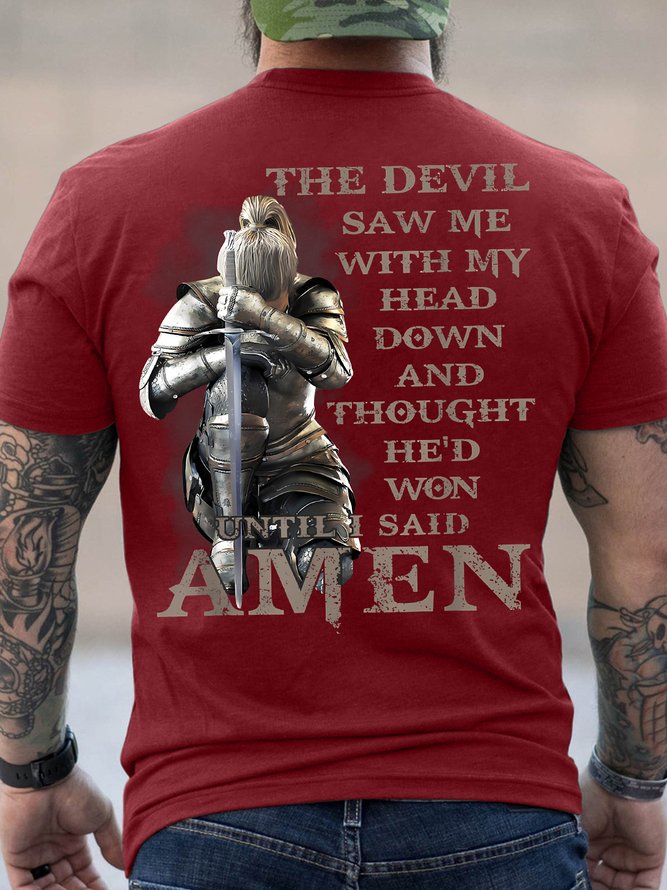Men's The Devil Saw Me With My Head Down Until I Said Amen Funny Graphic Printing Cotton Casual Text Letters Loose T-Shirt