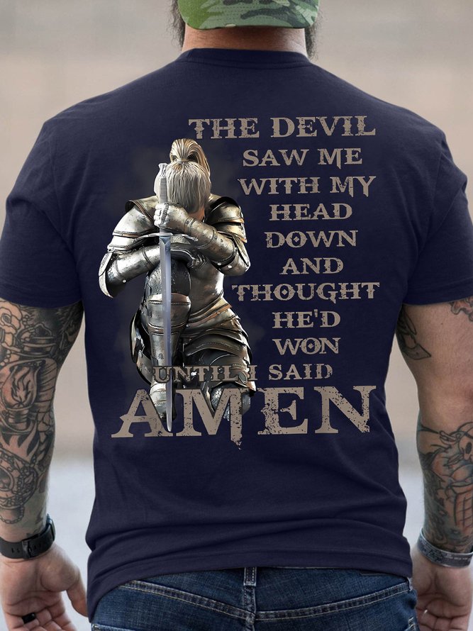 Men's The Devil Saw Me With My Head Down Until I Said Amen Funny Graphic Printing Cotton Casual Text Letters Loose T-Shirt