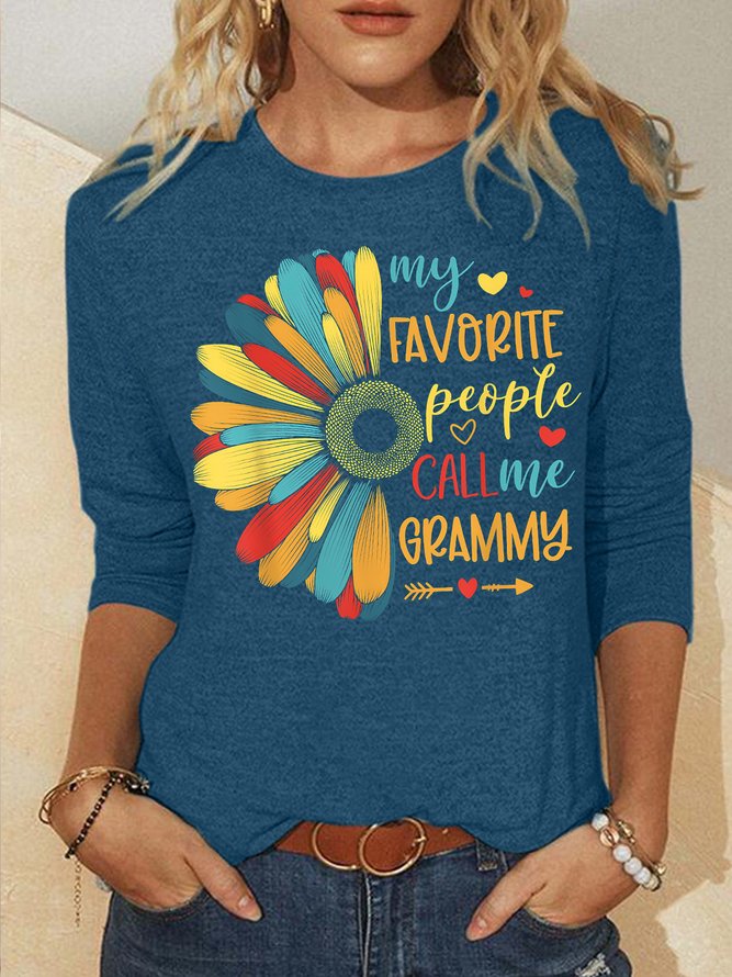 Women's My Favorite People Call Me Grammy Funny Graphic Printing Regular Fit Casual Crew Neck Sunflower Shirt