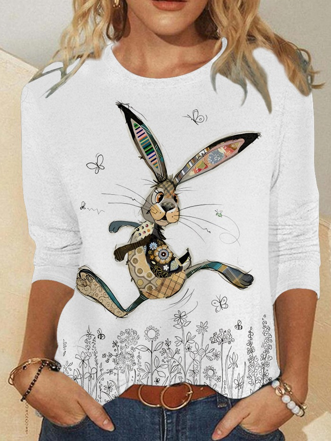 Women's Crew Neck Simple Funny Rabbit Long Sleeve Shirt