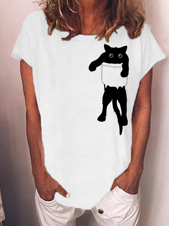 Women's Pocket Black Cat Funny Graphic Printing Crew Neck Cat Casual T-Shirt