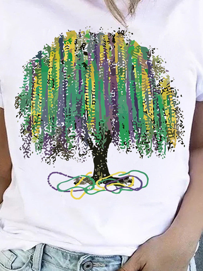 Women's Mardi Gras Tree Crew Neck Simple T-Shirt