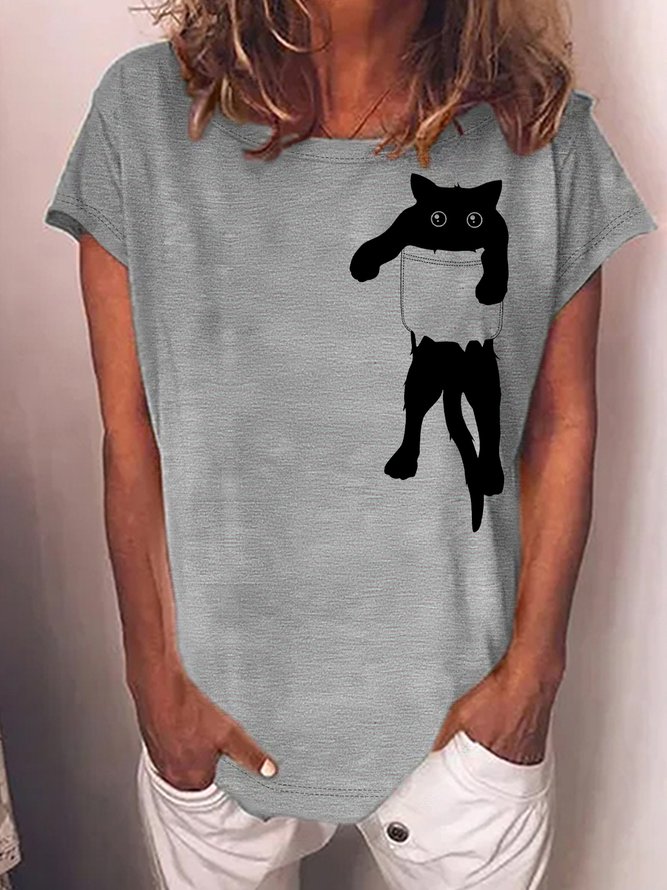Women's Pocket Black Cat Funny Graphic Printing Crew Neck Cat Casual T-Shirt