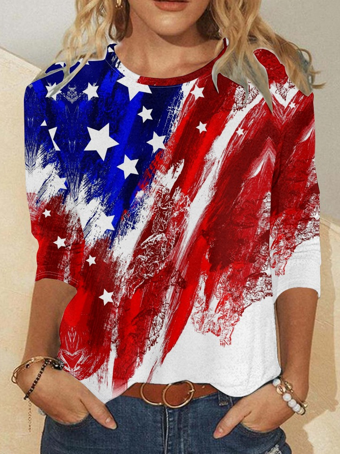 Women's USA Flag Print Casual Crew Neck Shirt