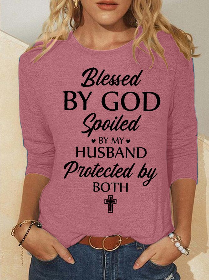 Women's Blessed By God Letter Print Crew Neck Casual Shirt