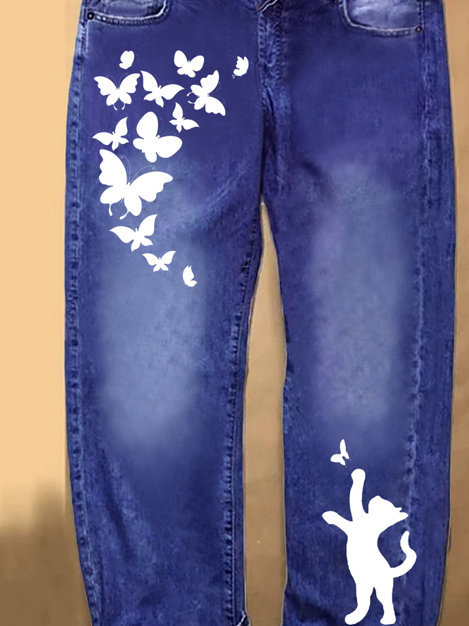 Women's butterfly Denim Regular Fit Casual Cat Jeans