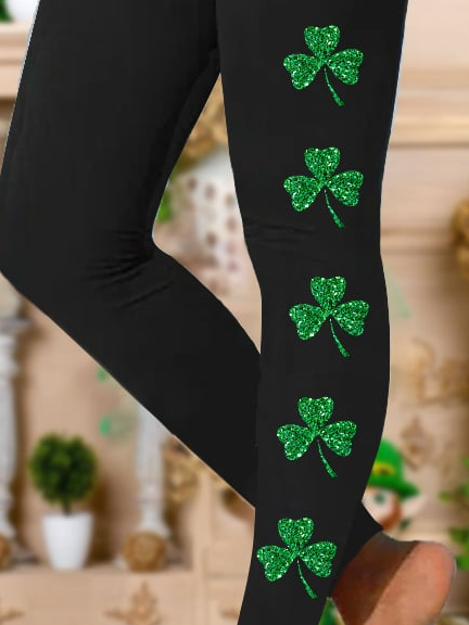 Women's St. Patrick's Day Glitter Lucky Shamrock Print Casual Leggings