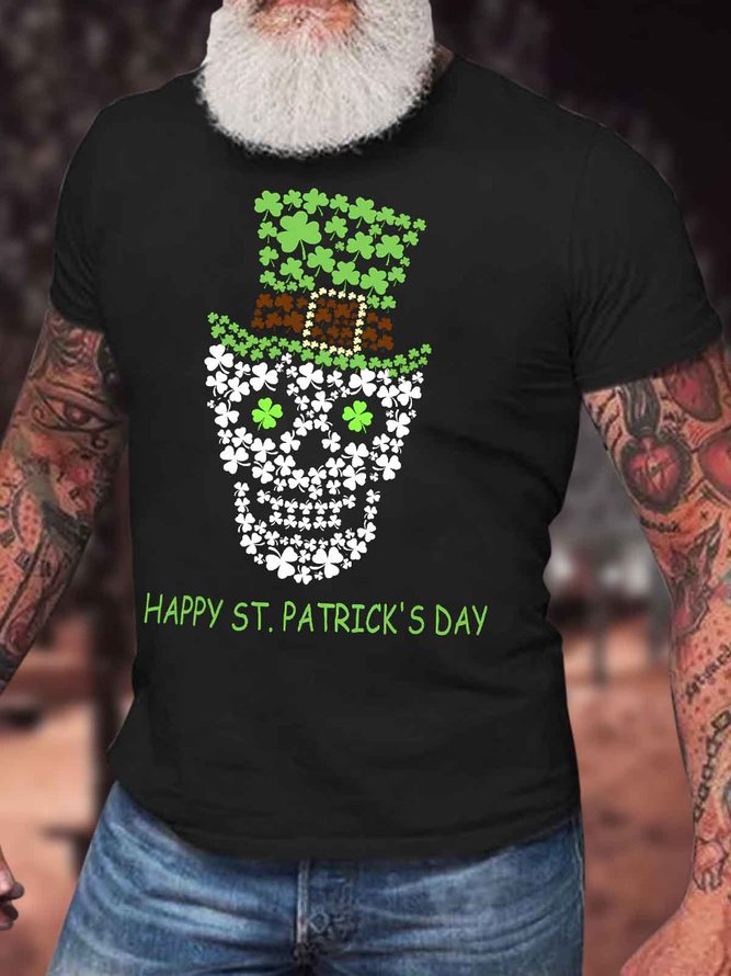 Men's St. Patrick's Day Funny Graphic Printing Skull Cotton Casual T-Shirt