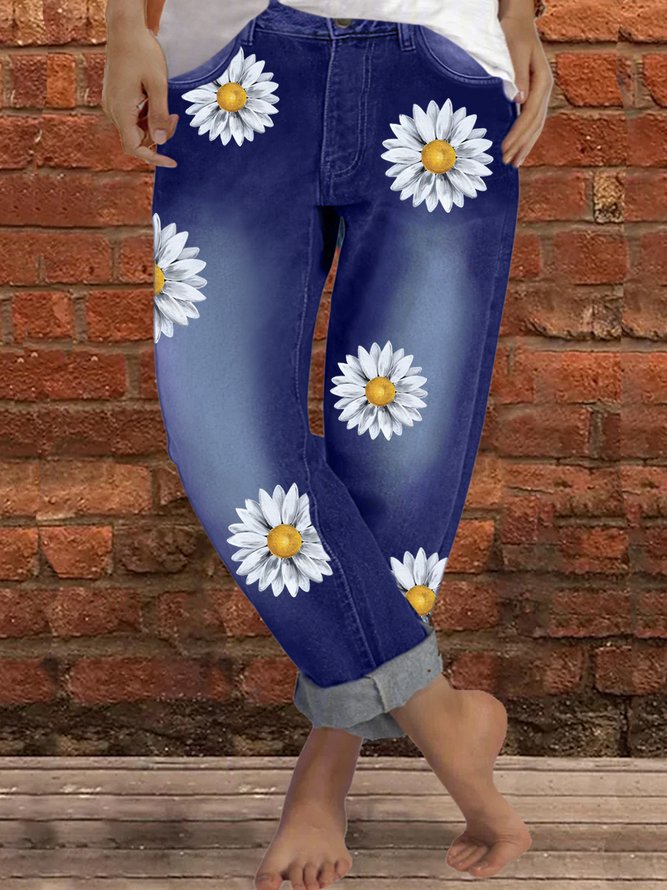 Women's Daisy Print Casual Denim Jeans