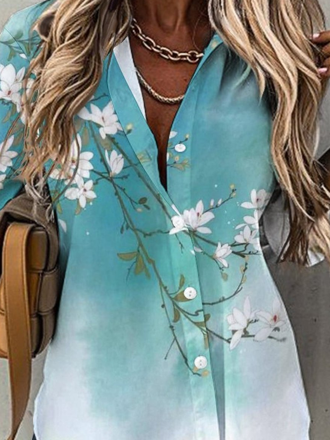 Women's Floral Shirt Collar Simple Loose Blouse