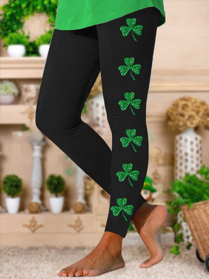 Women's St. Patrick's Day Glitter Lucky Shamrock Print Casual Leggings