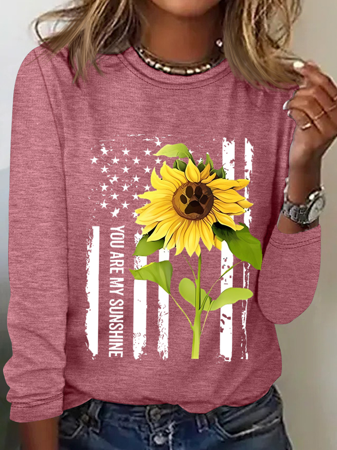 Women's Funny Word Sunflower American You Are My Sunshine Long Sleeve Simple Shirt