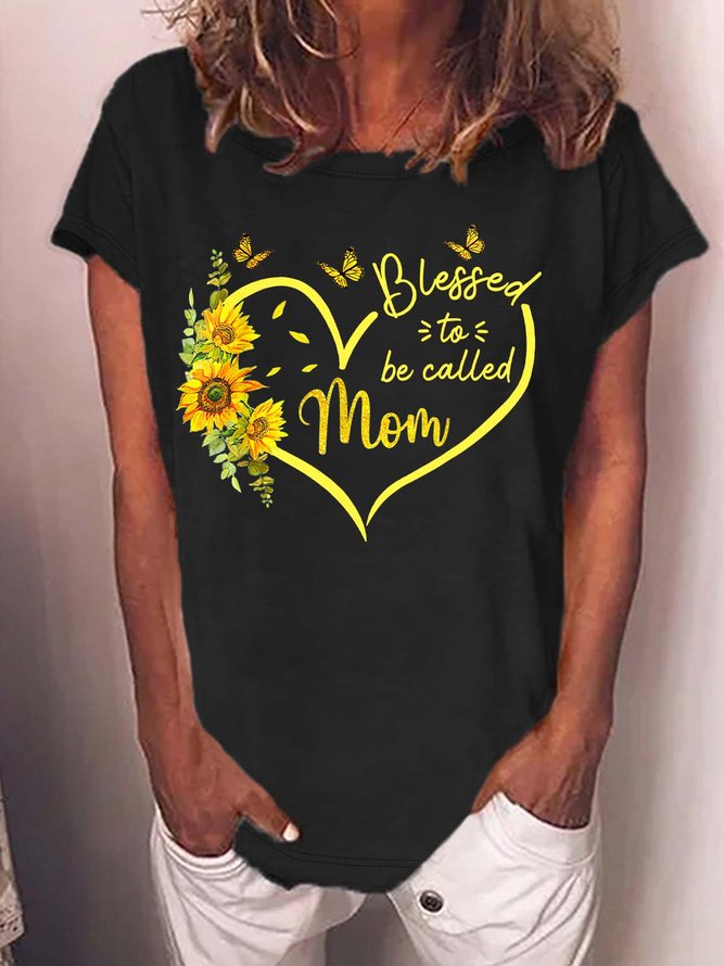 Women’s Blessed To Be Called Mom Sunflower Heart Casual Cotton T-Shirt
