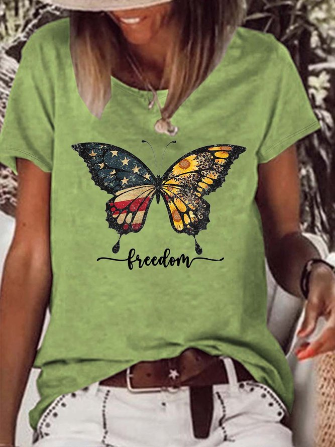 Women’s Freedom America Flag Butterfly Sunflower Text Letters Casual Cotton T-Shirt