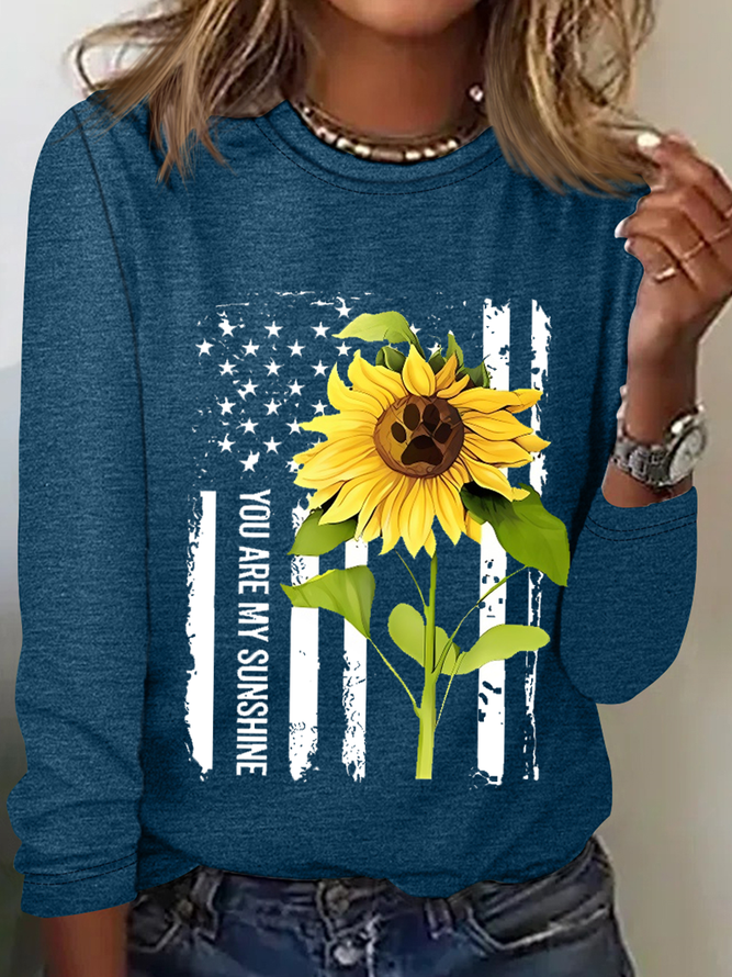 Women's Funny Word Sunflower American You Are My Sunshine Long Sleeve Simple Shirt